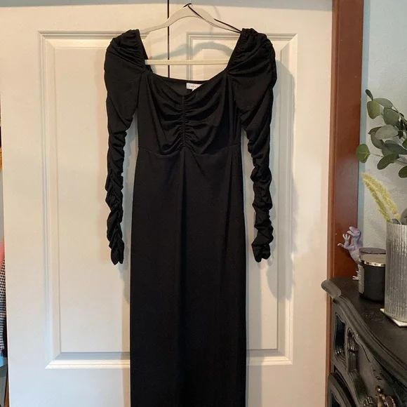 NWT Topshop Black Ribbed Ruched Long Sleeve Midi Dress. Size US 2. Stretchy! - Picture 12 of 15